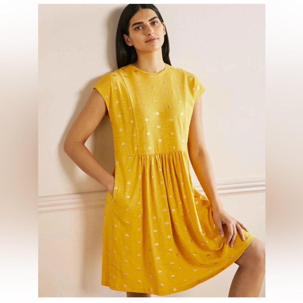 Boden Yellow Short-Sleeve Gathered Waist Mini Dress